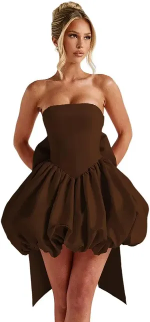 Dessiny Strapsless Puffy Satin Homecoming Dresses 2025 Mini Cocktail Pary Dresses with Bow On The Back DE420