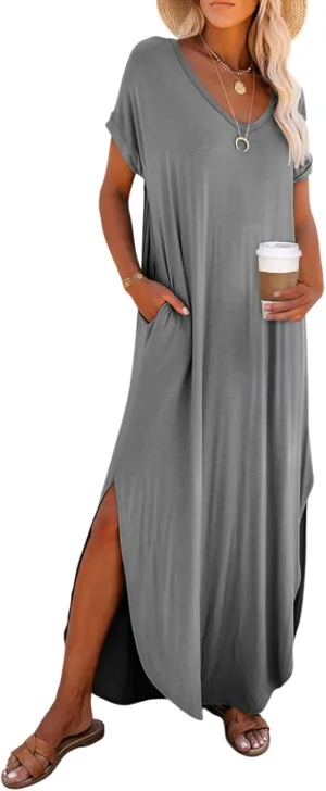 Dokotoo Womens Summer Dresses 2025 Short Sleeve Long T Shirt Dress Split Maxi Dress Beach Sundresses with Pockets