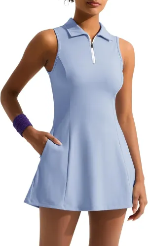 Dokuritu Golf Dresses for Women Polo Half Zipper Sleeveless Tennis Workout Athletic Dress with Shorts and 4 Pockets