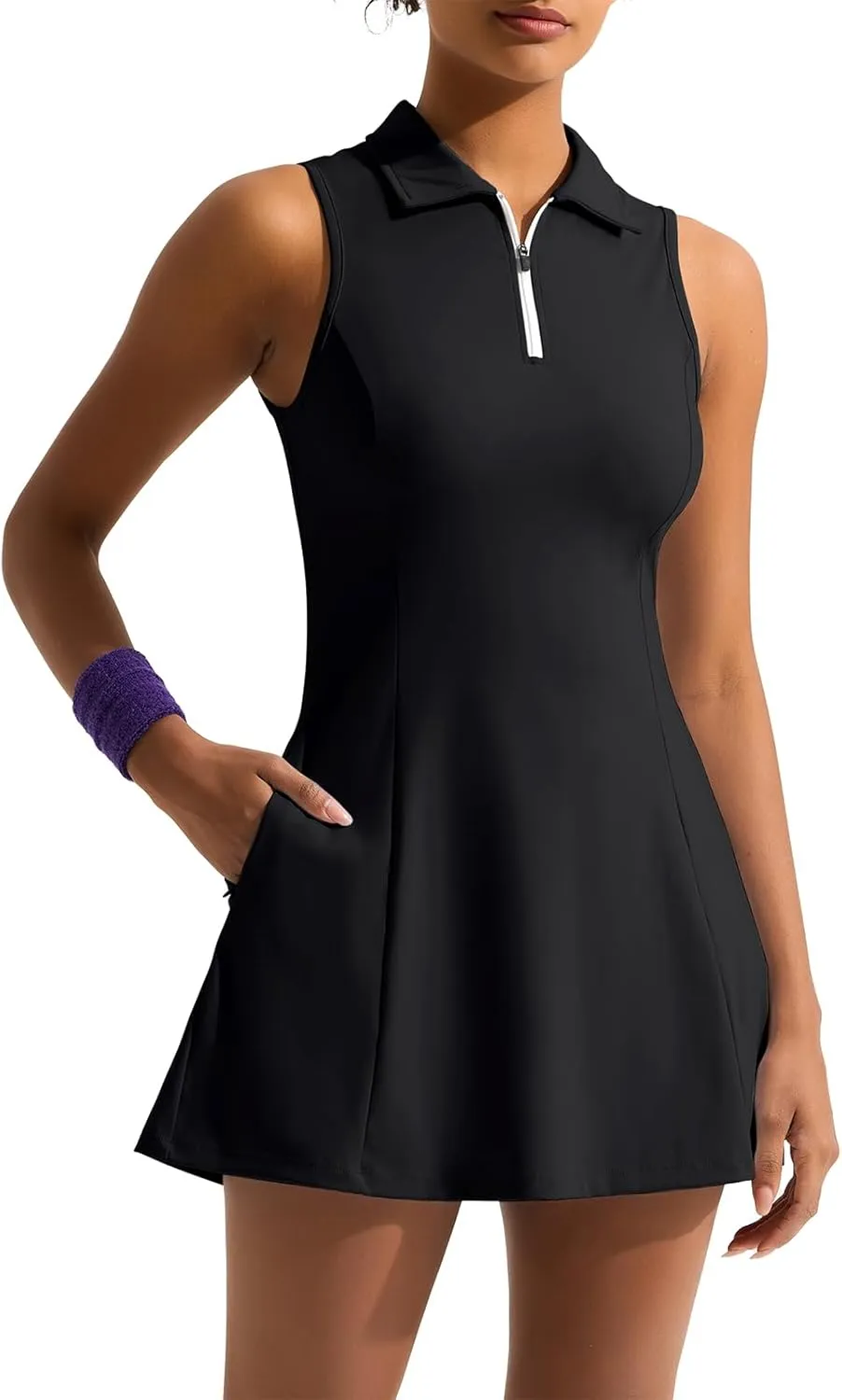 Dokuritu Golf Dresses for Women Polo Half Zipper Sleeveless Tennis Workout Athletic Dress with Shorts and 4 Pockets