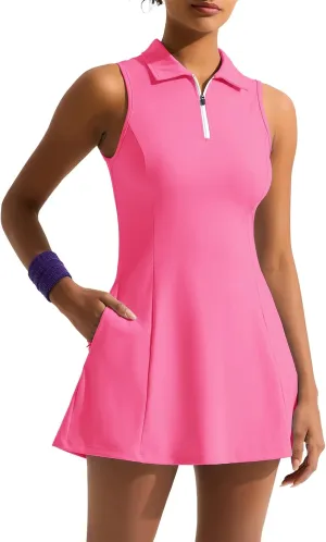 Dokuritu Golf Dresses for Women Polo Half Zipper Sleeveless Tennis Workout Athletic Dress with Shorts and 4 Pockets