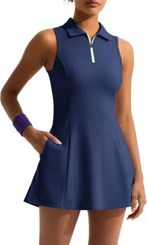 Dokuritu Golf Dresses for Women Polo Half Zipper Sleeveless Tennis Workout Athletic Dress with Shorts and 4 Pockets
