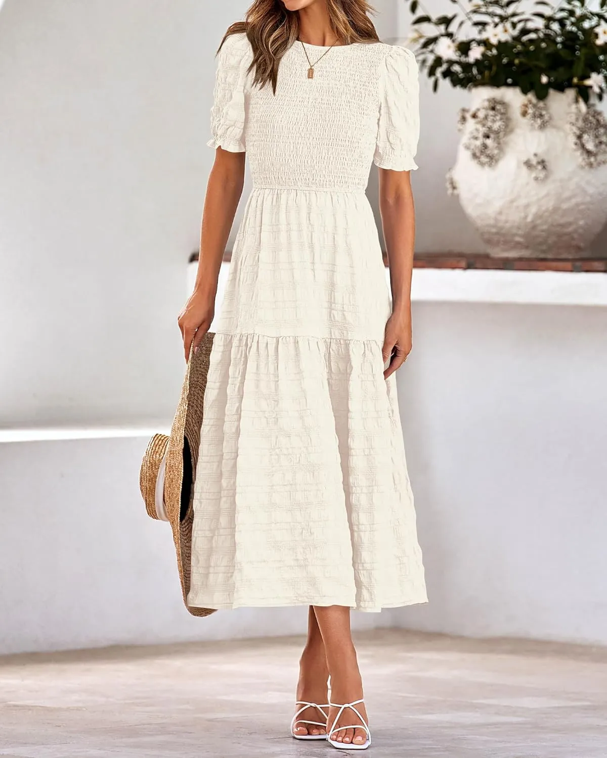 dowerme Womens Summer Dresses 2025 Casual Puff Short Sleeve Crewneck Smocked Flowy Ruffle Boho Beach Party Maxi Sundress