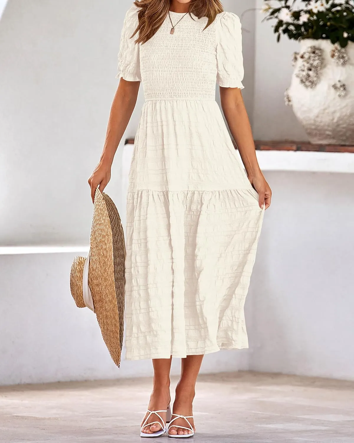dowerme Womens Summer Dresses 2025 Casual Puff Short Sleeve Crewneck Smocked Flowy Ruffle Boho Beach Party Maxi Sundress