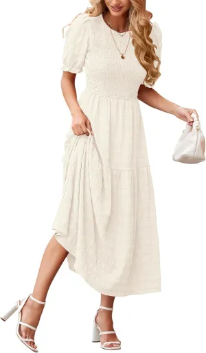 dowerme Womens Summer Dresses 2025 Casual Puff Short Sleeve Crewneck Smocked Flowy Ruffle Boho Beach Party Maxi Sundress