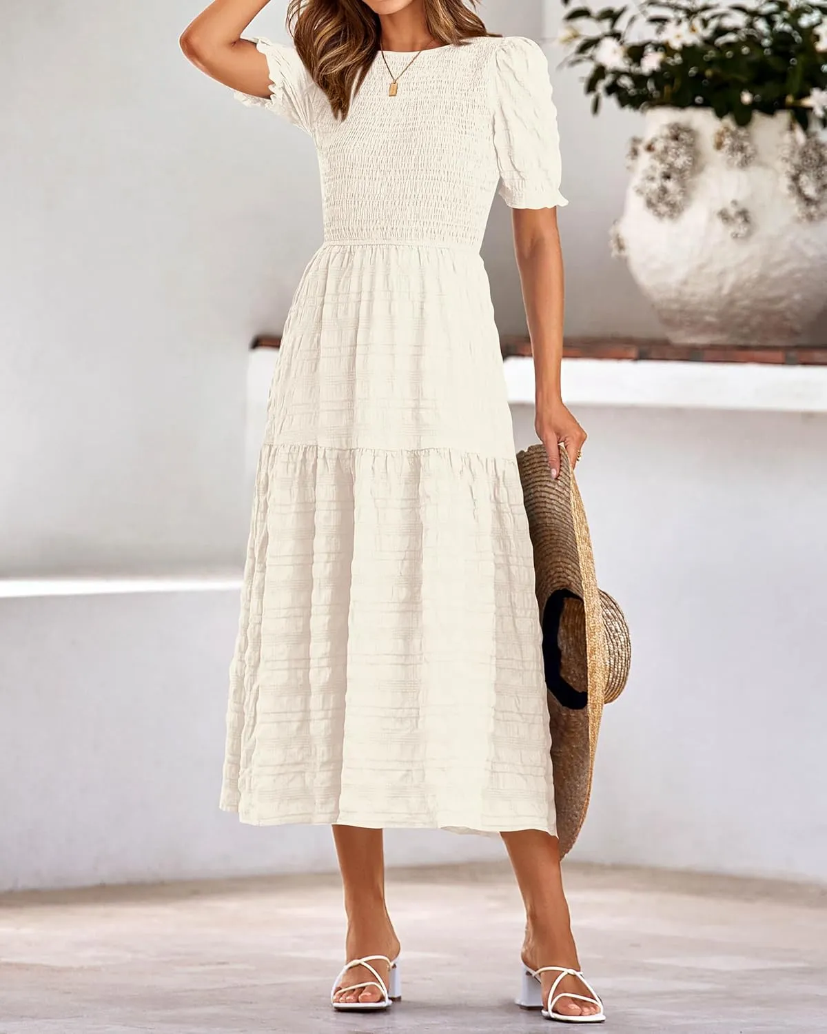 dowerme Womens Summer Dresses 2025 Casual Puff Short Sleeve Crewneck Smocked Flowy Ruffle Boho Beach Party Maxi Sundress