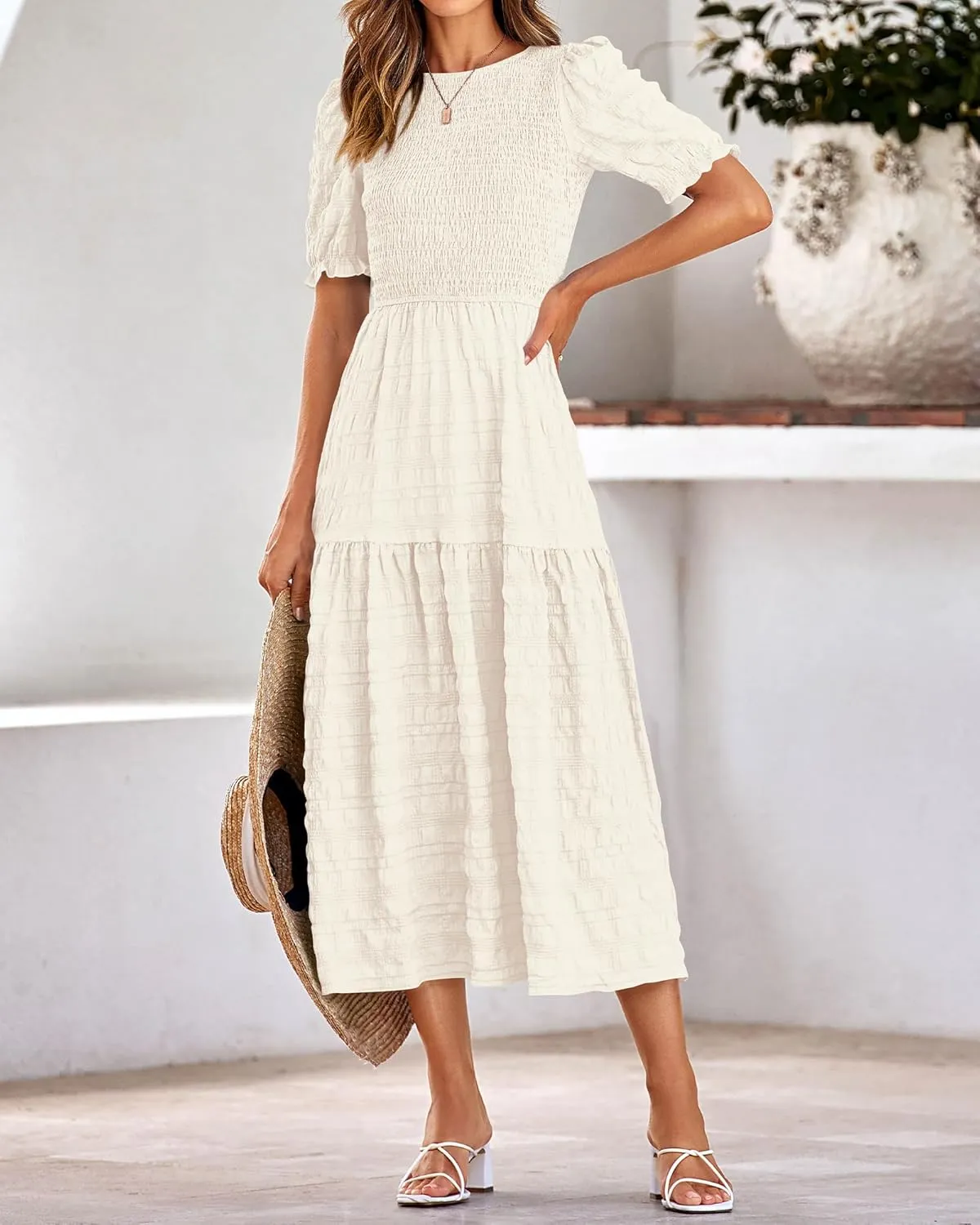 dowerme Womens Summer Dresses 2025 Casual Puff Short Sleeve Crewneck Smocked Flowy Ruffle Boho Beach Party Maxi Sundress