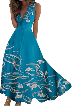 Dresses for Women 2024 Flowy Ruched Floral Print Boho Dress Sleeveless Wrap V Neck Sundresses Trendy Maxi Dress