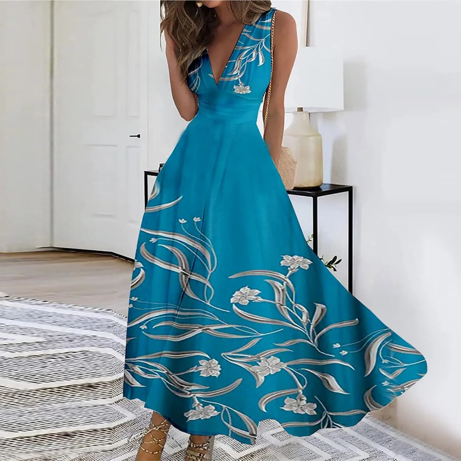 Dresses for Women 2024 Flowy Ruched Floral Print Boho Dress Sleeveless Wrap V Neck Sundresses Trendy Maxi Dress