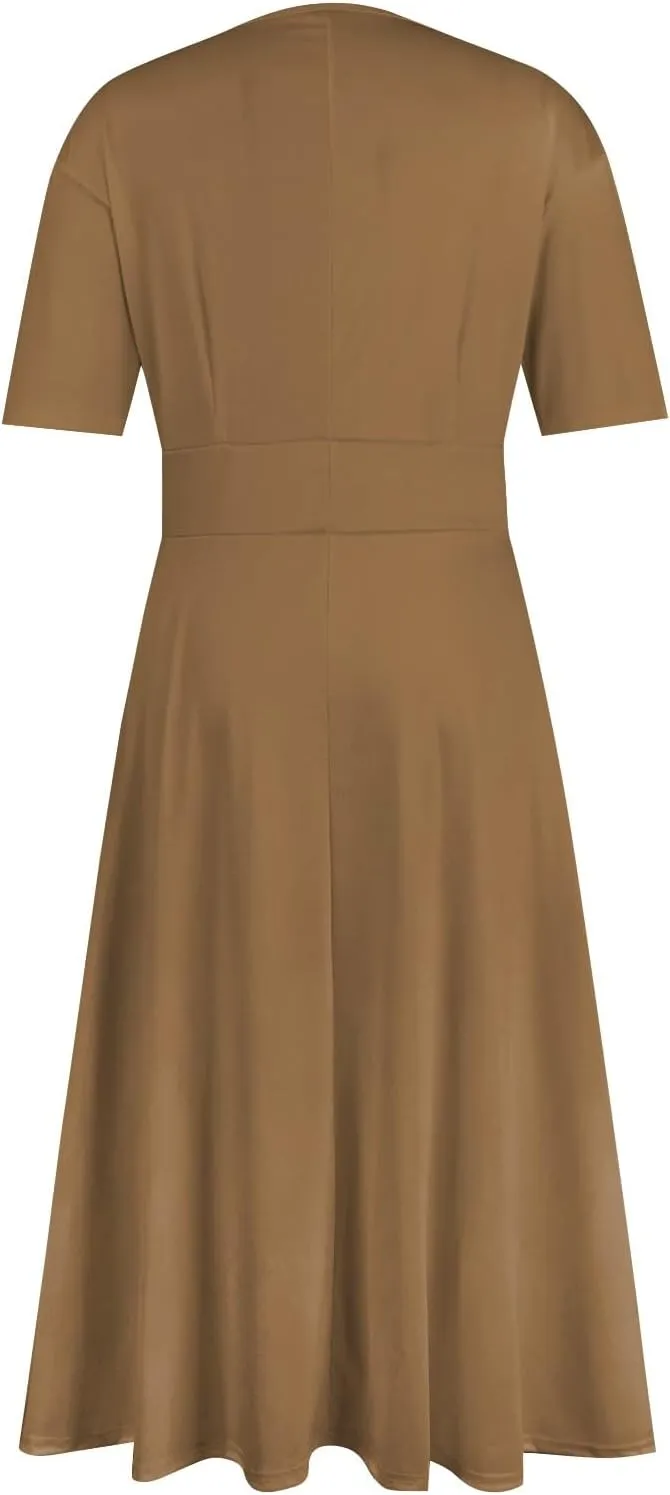 Dresses for Women 2024 Printing Short Sleeve Maxi Dresses A-Line Swing Dress Waist V Neck Comfy Beach Dress