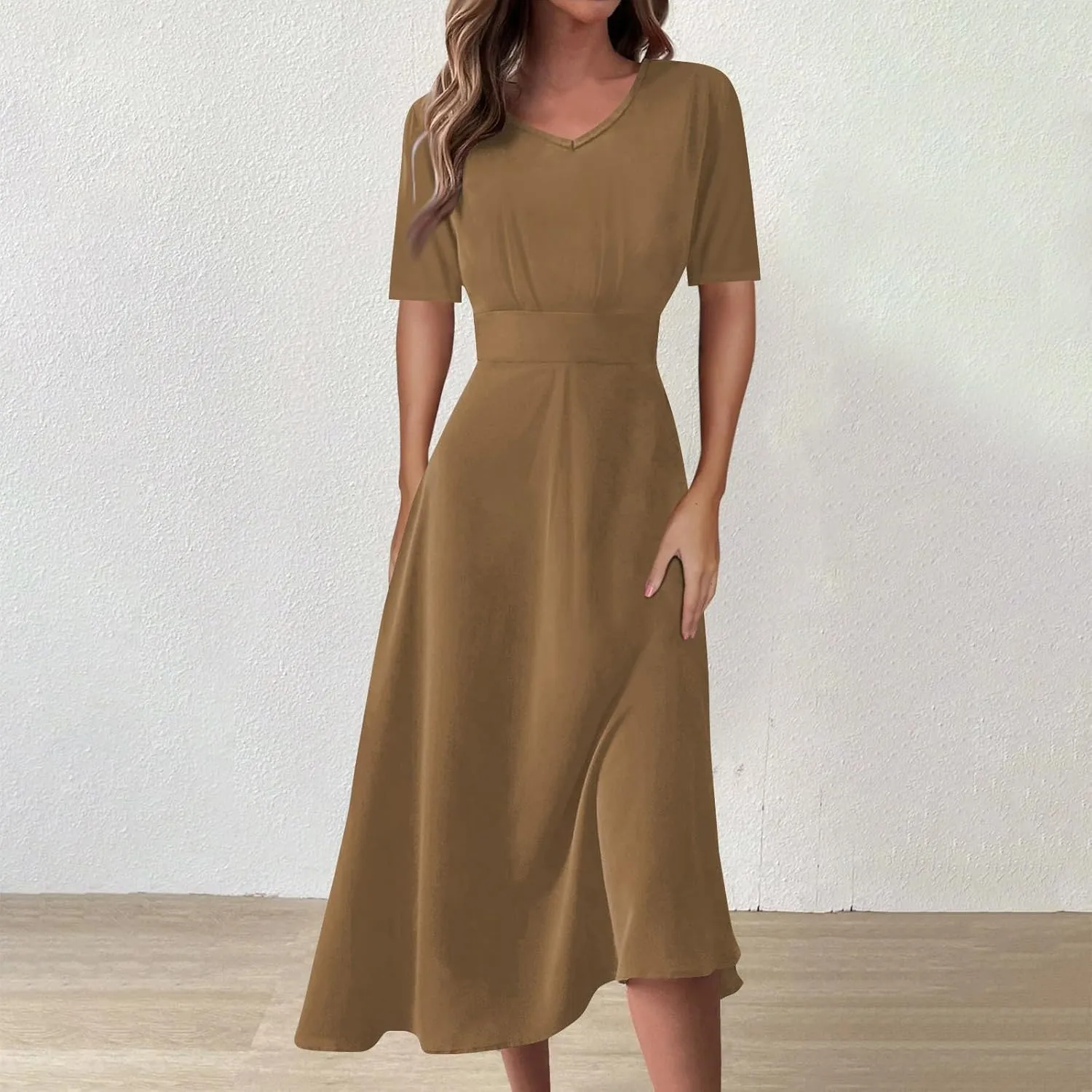 Dresses for Women 2024 Printing Short Sleeve Maxi Dresses A-Line Swing Dress Waist V Neck Comfy Beach Dress