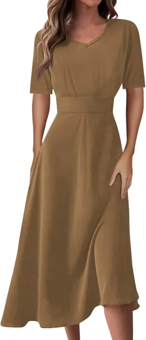 Dresses for Women 2024 Printing Short Sleeve Maxi Dresses A-Line Swing Dress Waist V Neck Comfy Beach Dress