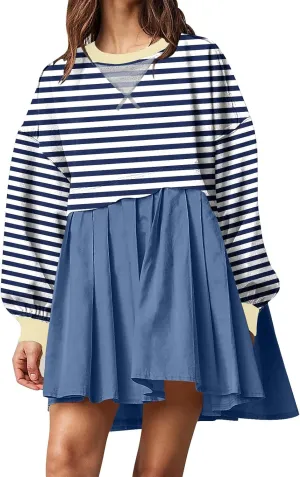 Dresses for Women 2024 Trendy Patchwork Striped Causal Long Sleeve Crewneck Sweatshirt Dress Cute Ruffle Mini Dress