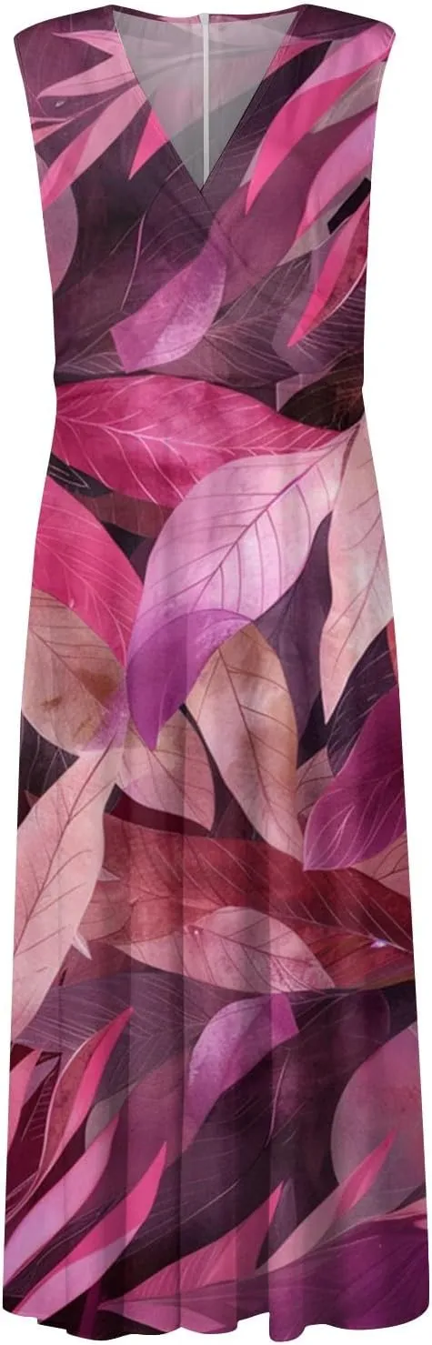 Dresses for Women 2025 Sleeveless Wrap V Neck Beach Dress Flowy Ruched Floral Print Sundress Trendy Maxi Dress