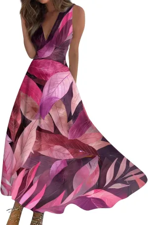 Dresses for Women 2025 Sleeveless Wrap V Neck Beach Dress Flowy Ruched Floral Print Sundress Trendy Maxi Dress