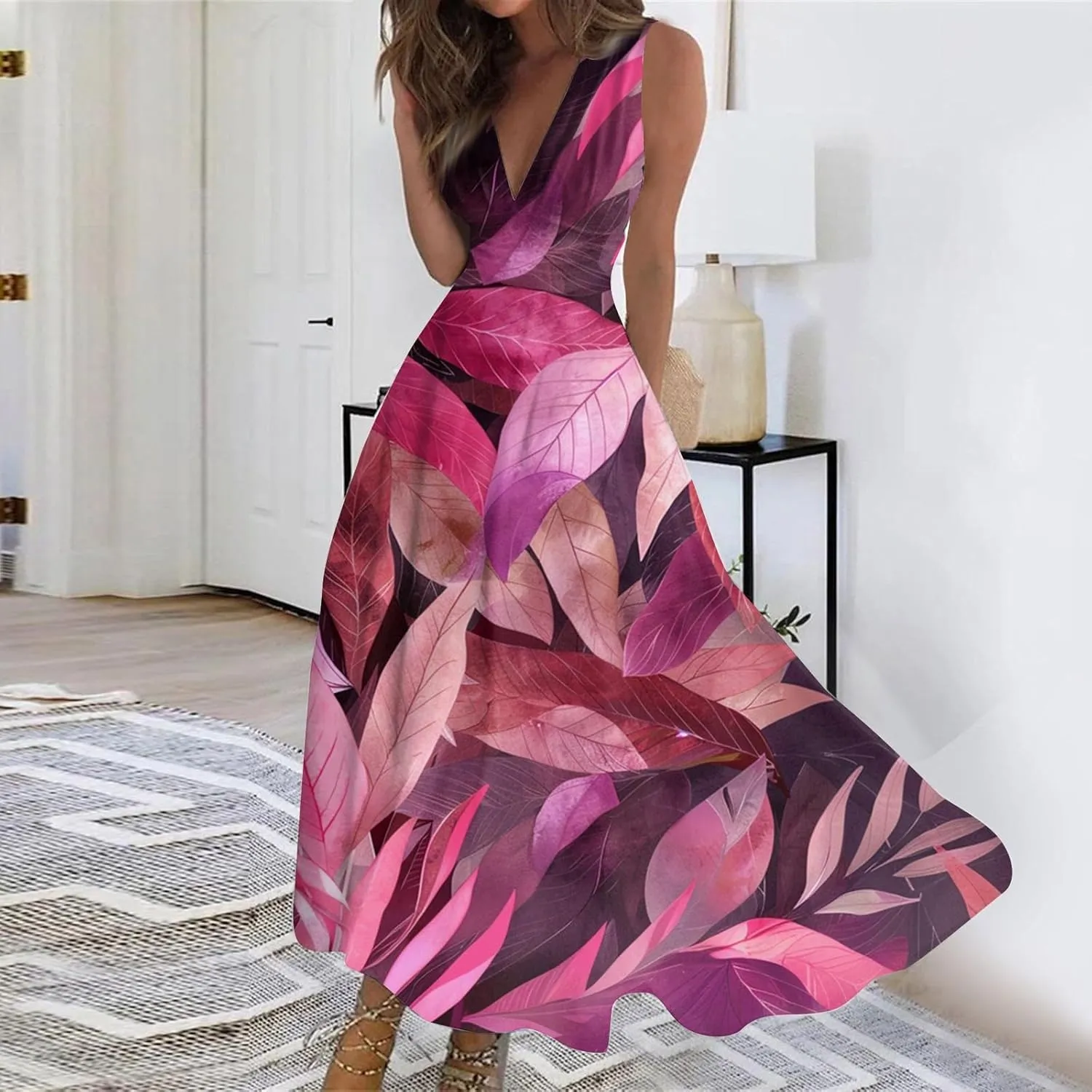 Dresses for Women 2025 Sleeveless Wrap V Neck Beach Dress Flowy Ruched Floral Print Sundress Trendy Maxi Dress