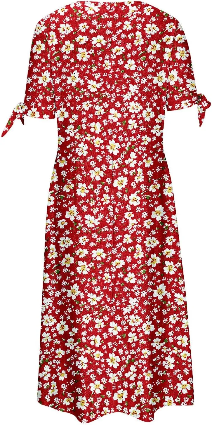 Dresses for Women Boho Eyelet Button V Neck Tie Knot Short Sleeve Dress Flowy Beach Vacation Midi Dress with Pocket