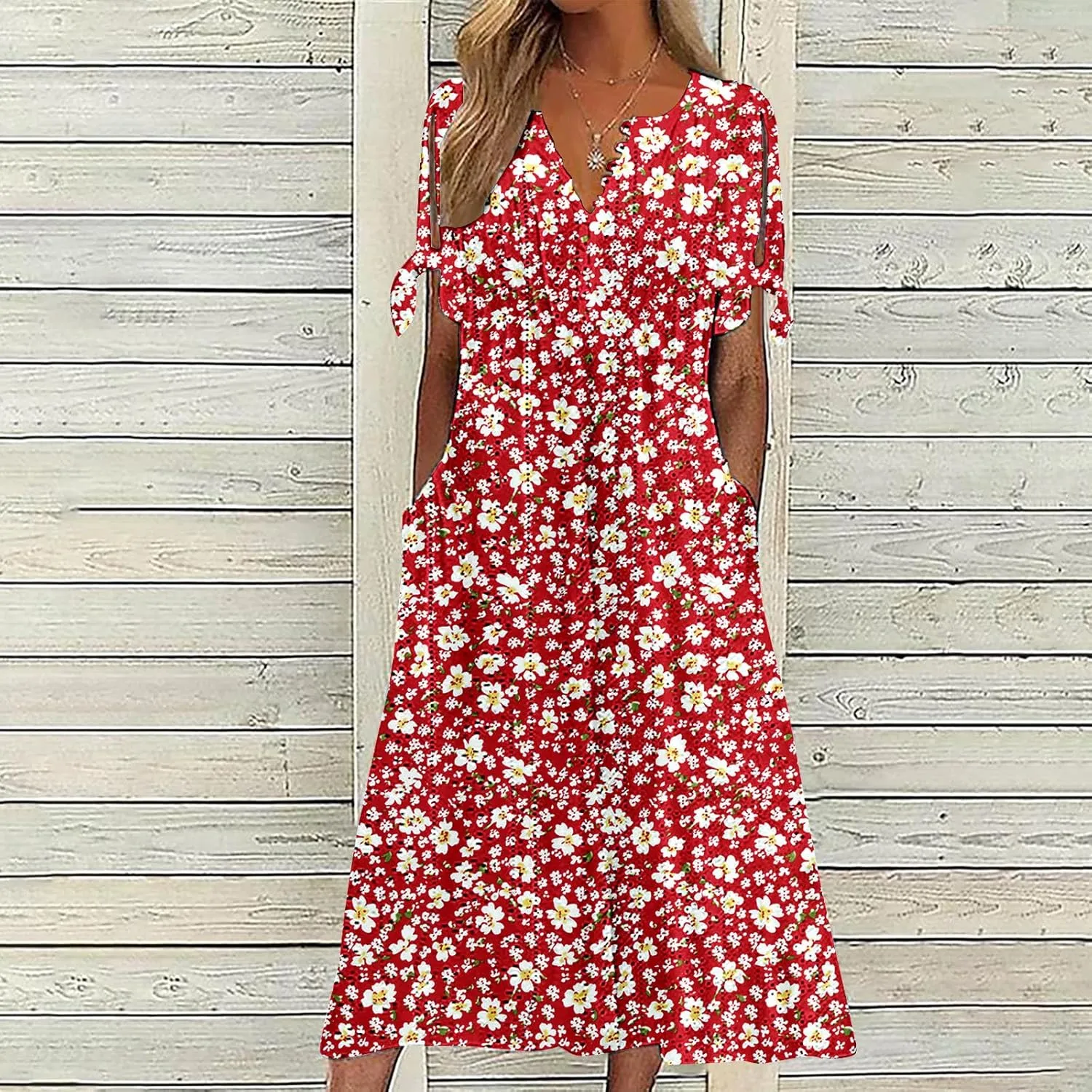 Dresses for Women Boho Eyelet Button V Neck Tie Knot Short Sleeve Dress Flowy Beach Vacation Midi Dress with Pocket