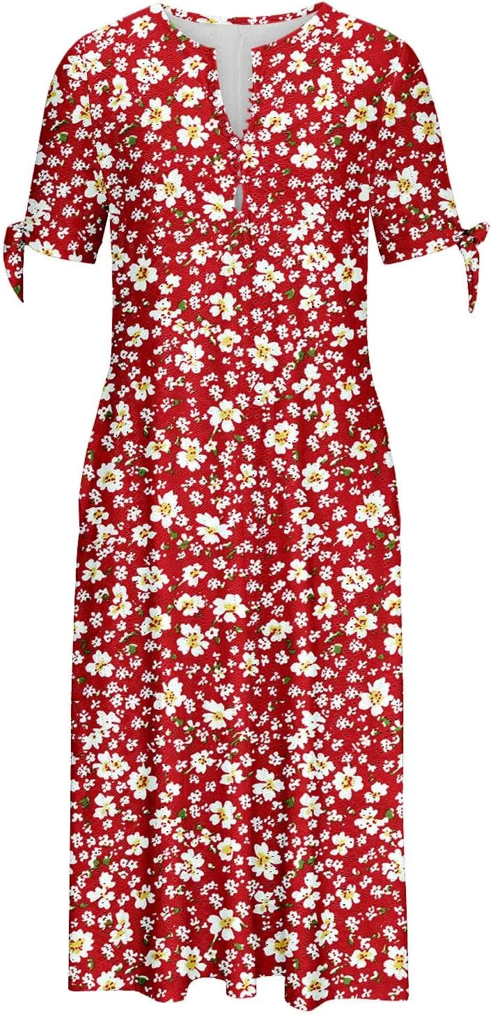 Dresses for Women Boho Eyelet Button V Neck Tie Knot Short Sleeve Dress Flowy Beach Vacation Midi Dress with Pocket