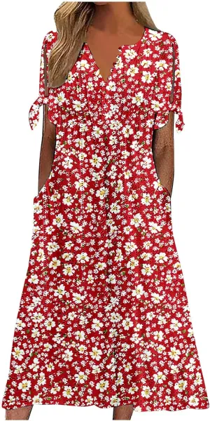 Dresses for Women Boho Eyelet Button V Neck Tie Knot Short Sleeve Dress Flowy Beach Vacation Midi Dress with Pocket