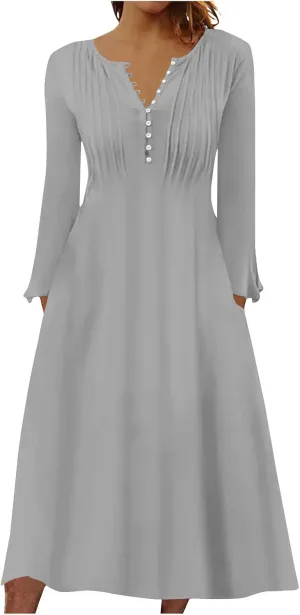 Dresses for Women Casual Trendy Plus Size Long Sleeve Midi Dress Sexy V Neck Button Down Summer Fall Flowy Dress