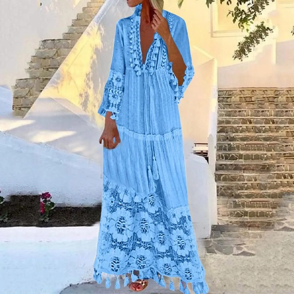 Dresses for Women Maxi Long Sleeve V Neck Lace Bohemian Maxi Dress Vintage Fashion Boho Floral Print Long Dress Party