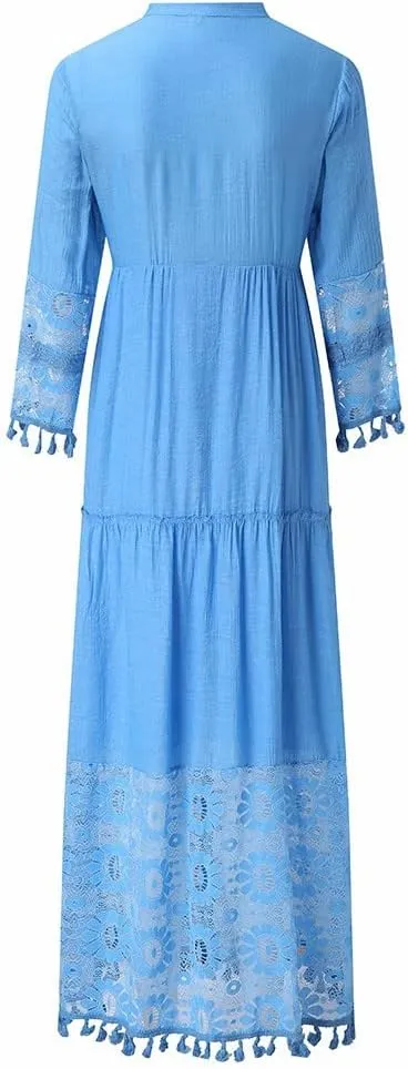 Dresses for Women Maxi Long Sleeve V Neck Lace Bohemian Maxi Dress Vintage Fashion Boho Floral Print Long Dress Party