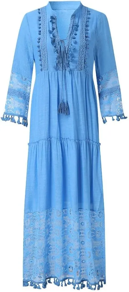 Dresses for Women Maxi Long Sleeve V Neck Lace Bohemian Maxi Dress Vintage Fashion Boho Floral Print Long Dress Party