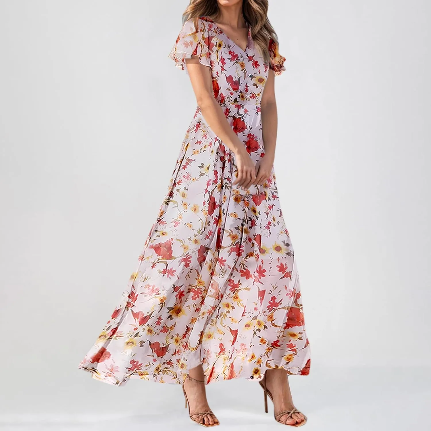 Easter Dress for Women Chiffon Dresses Swing Flowy Ruffle Hem Swing Womens Dresses Summer Beach Casual Dresses