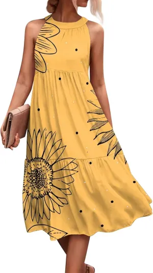 Easter Dress for Women Summer Dresses with Sleeves High Waisted Loose Swing Solid Color Patchwork