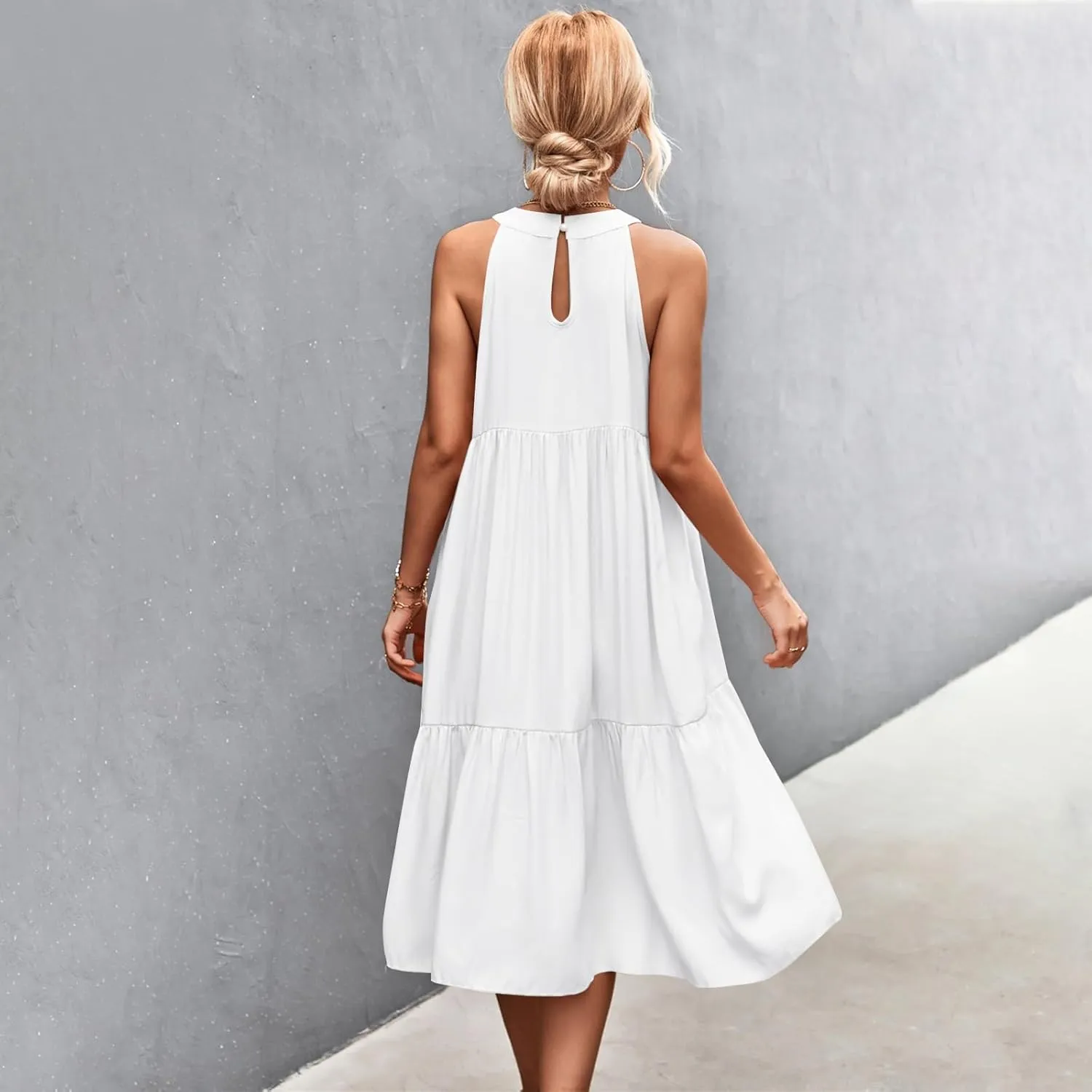 Easter Dress for Women Summer Dresses with Sleeves High Waisted Loose Swing Solid Color Patchwork