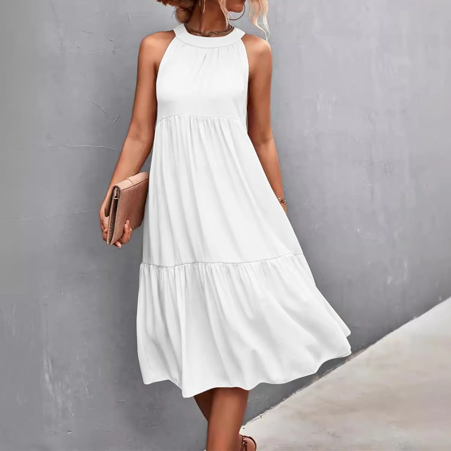 Easter Dress for Women Summer Dresses with Sleeves High Waisted Loose Swing Solid Color Patchwork