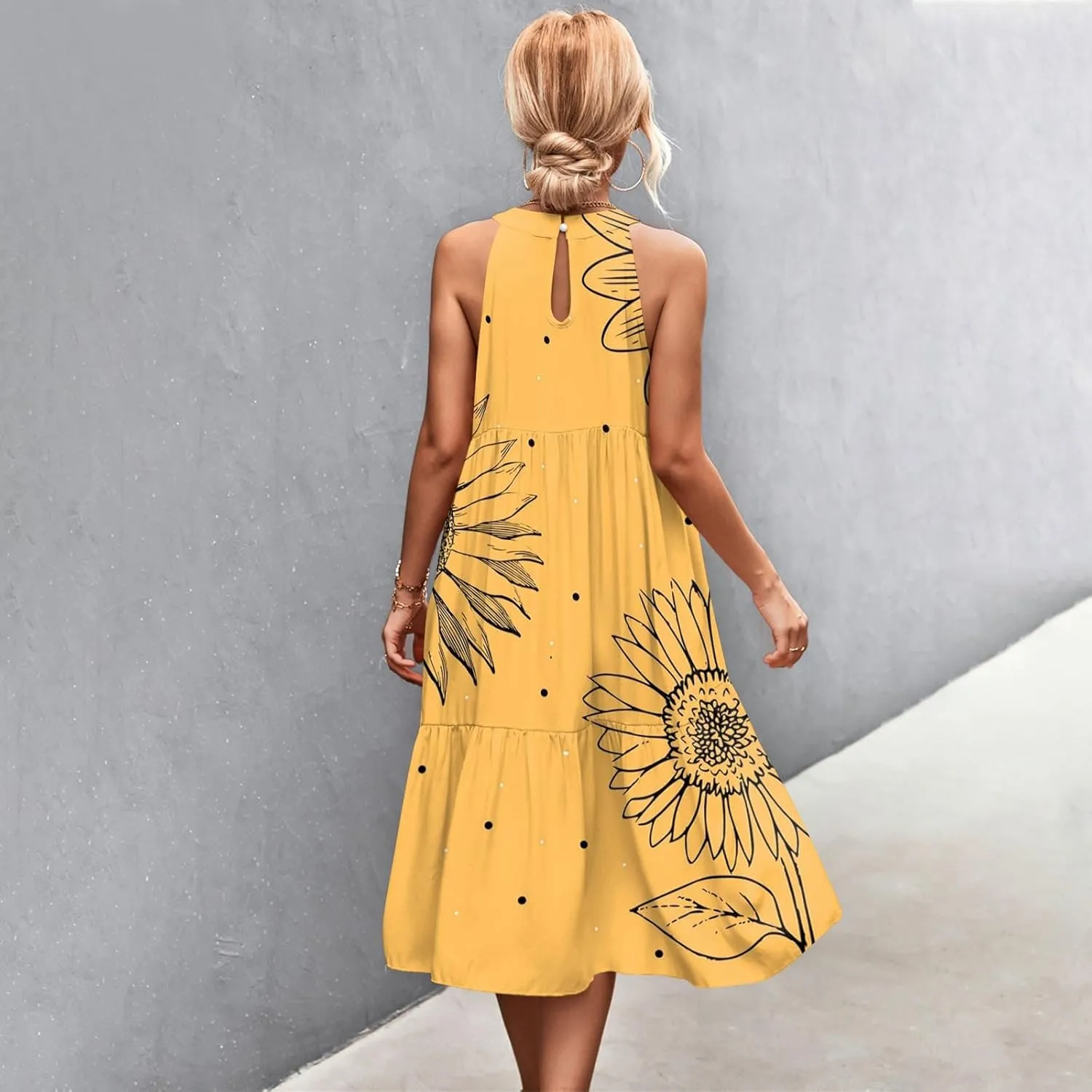 Easter Dress for Women Summer Dresses with Sleeves High Waisted Loose Swing Solid Color Patchwork