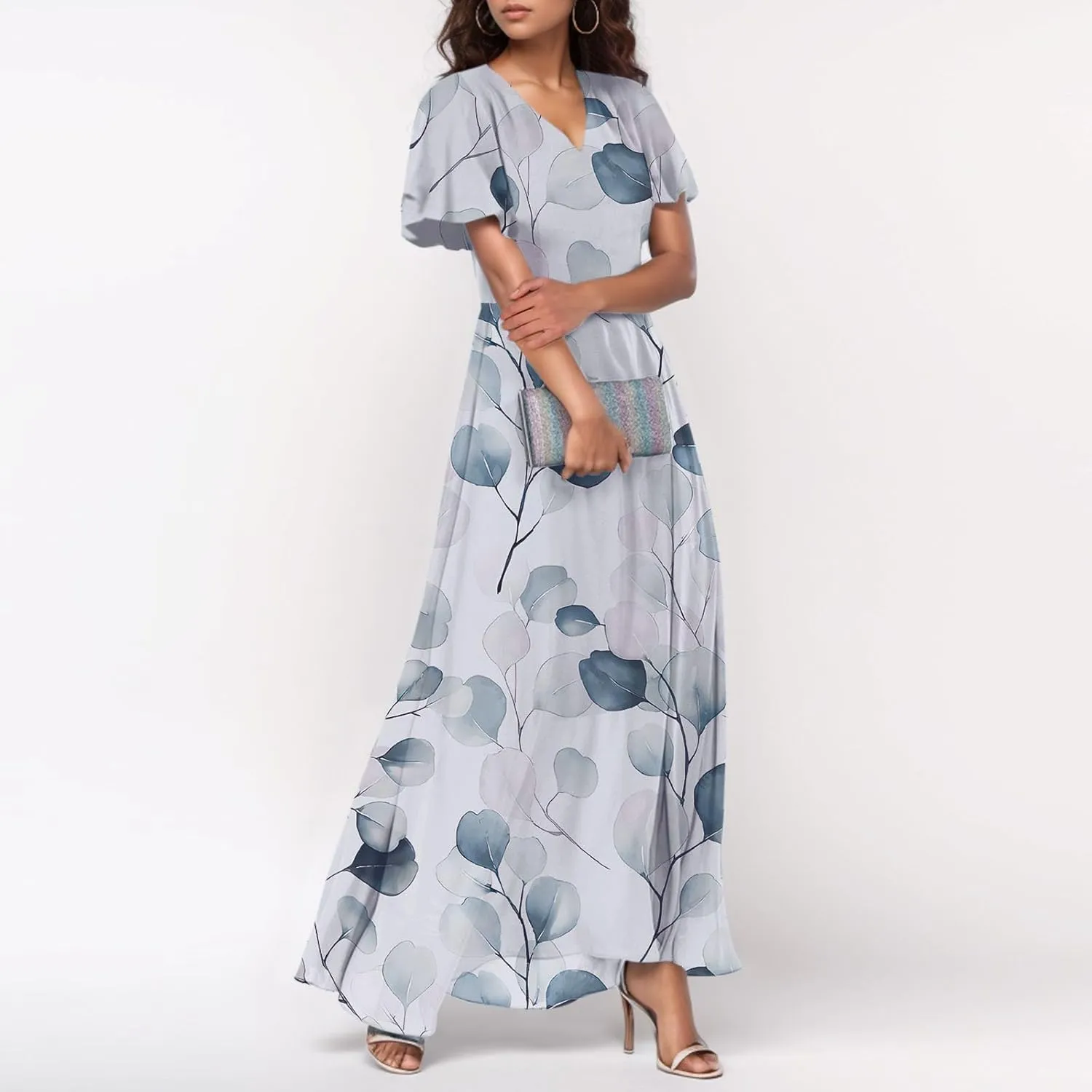 Easter Dresses for Women 2025 Summer Floral Chiffon Sun Dress Flowy Vacation Outfits Boho V Neck Ruffle Dress Beach Dress