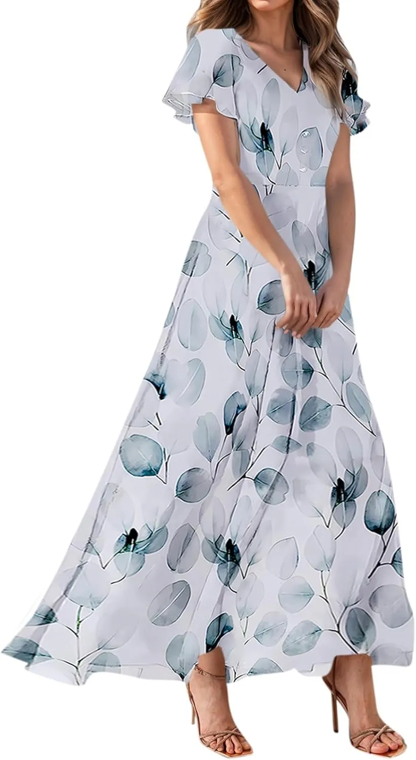 Easter Dresses for Women 2025 Summer Floral Chiffon Sun Dress Flowy Vacation Outfits Boho V Neck Ruffle Dress Beach Dress