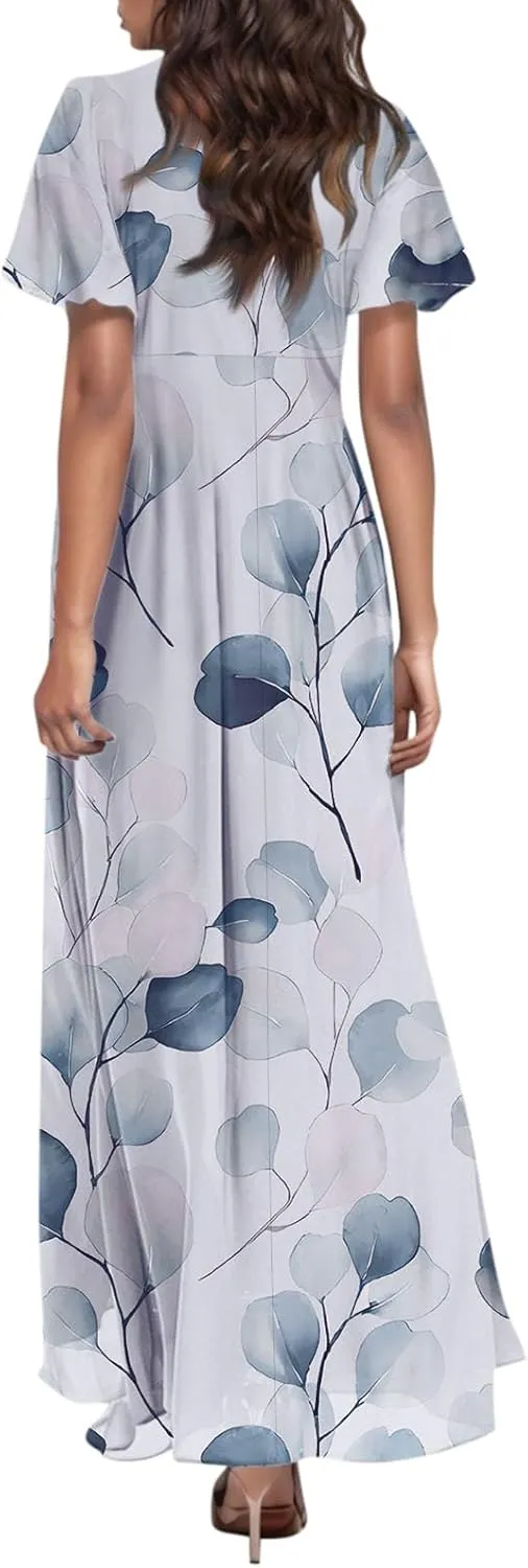 Easter Dresses for Women 2025 Summer Floral Chiffon Sun Dress Flowy Vacation Outfits Boho V Neck Ruffle Dress Beach Dress