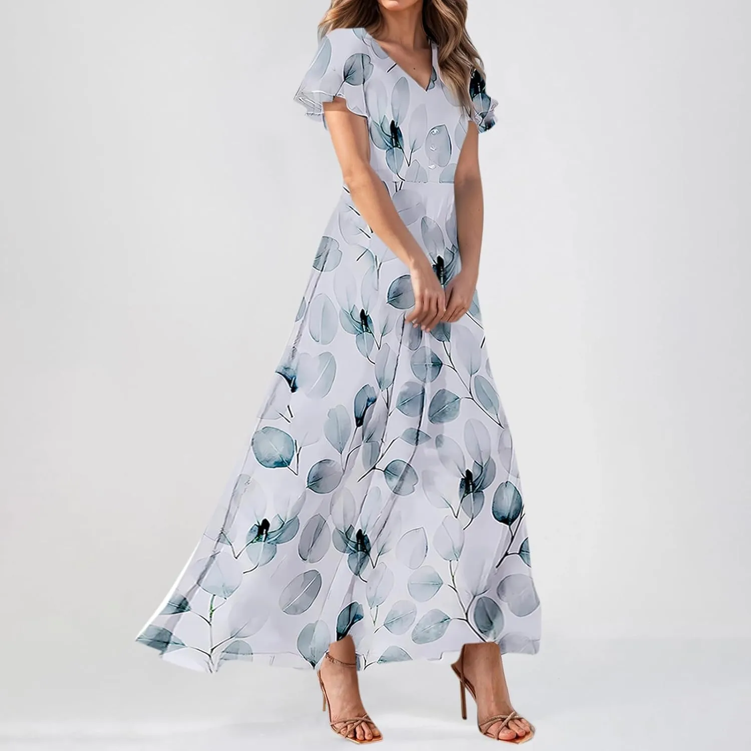 Easter Dresses for Women 2025 Summer Floral Chiffon Sun Dress Flowy Vacation Outfits Boho V Neck Ruffle Dress Beach Dress