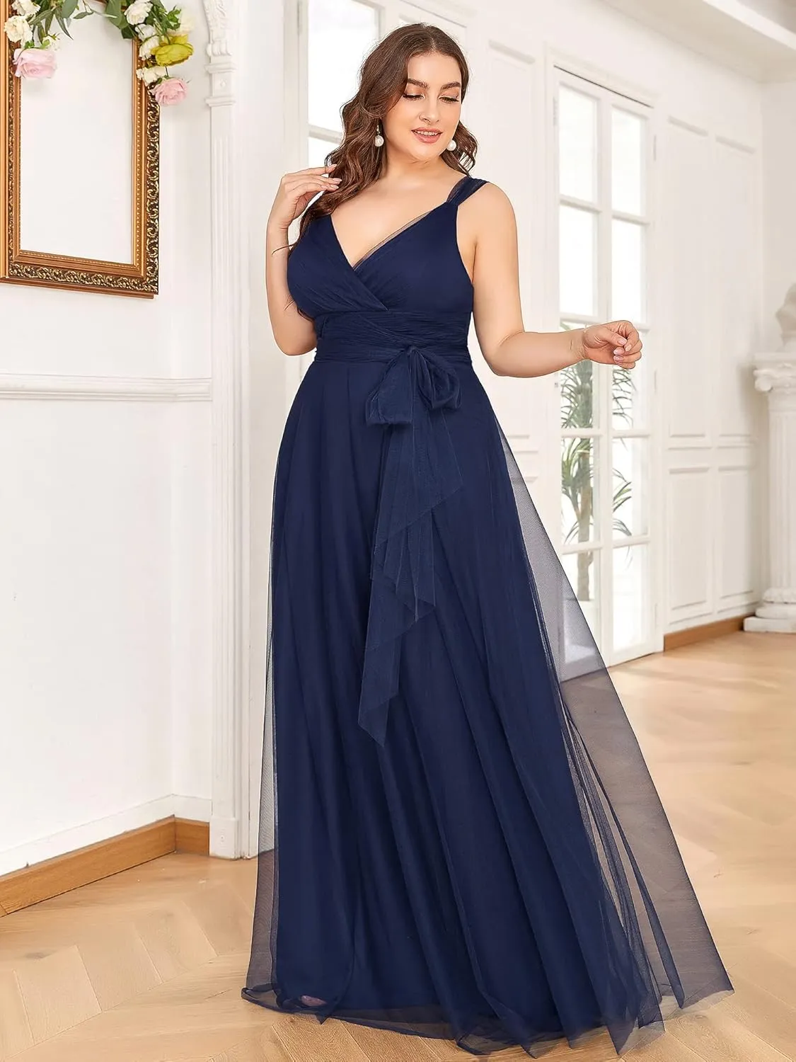 Ever-Pretty Plus Women's V-Neck Wrap Empire Waist Sash Tulle A-line Plus Size Bridesmaid Dresses 07303-DA