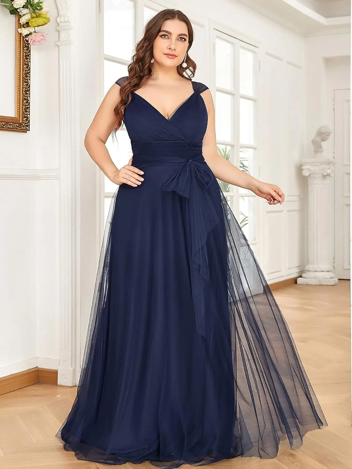 Ever-Pretty Plus Women's V-Neck Wrap Empire Waist Sash Tulle A-line Plus Size Bridesmaid Dresses 07303-DA