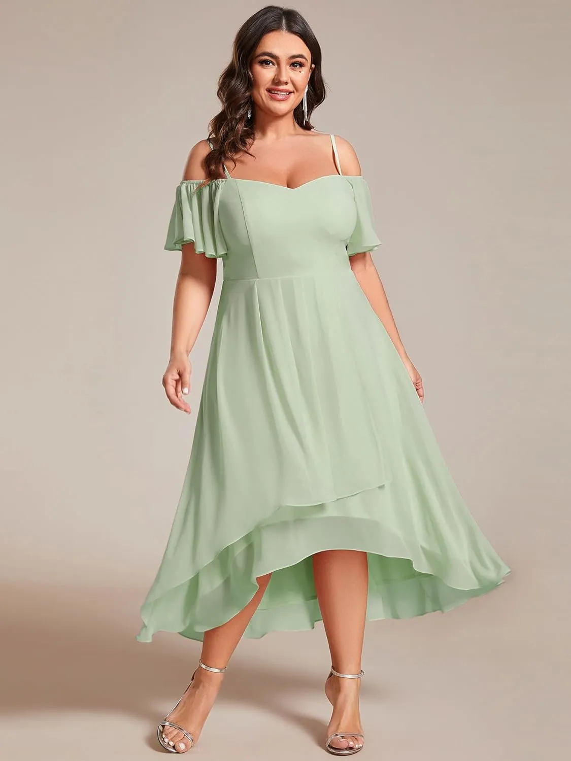 Ever-Pretty Women's Plus Size Ruffle Sleeves Off Shoulder Empire Waist A Line Chiffon Summer Wedding Guest Dress 02103-DA