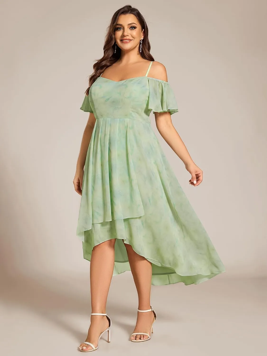 Ever-Pretty Women's Plus Size Ruffle Sleeves Off Shoulder Empire Waist A Line Chiffon Summer Wedding Guest Dress 02103-DA