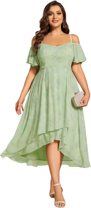 Ever-Pretty Women's Plus Size Ruffle Sleeves Off Shoulder Empire Waist A Line Chiffon Summer Wedding Guest Dress 02103-DA