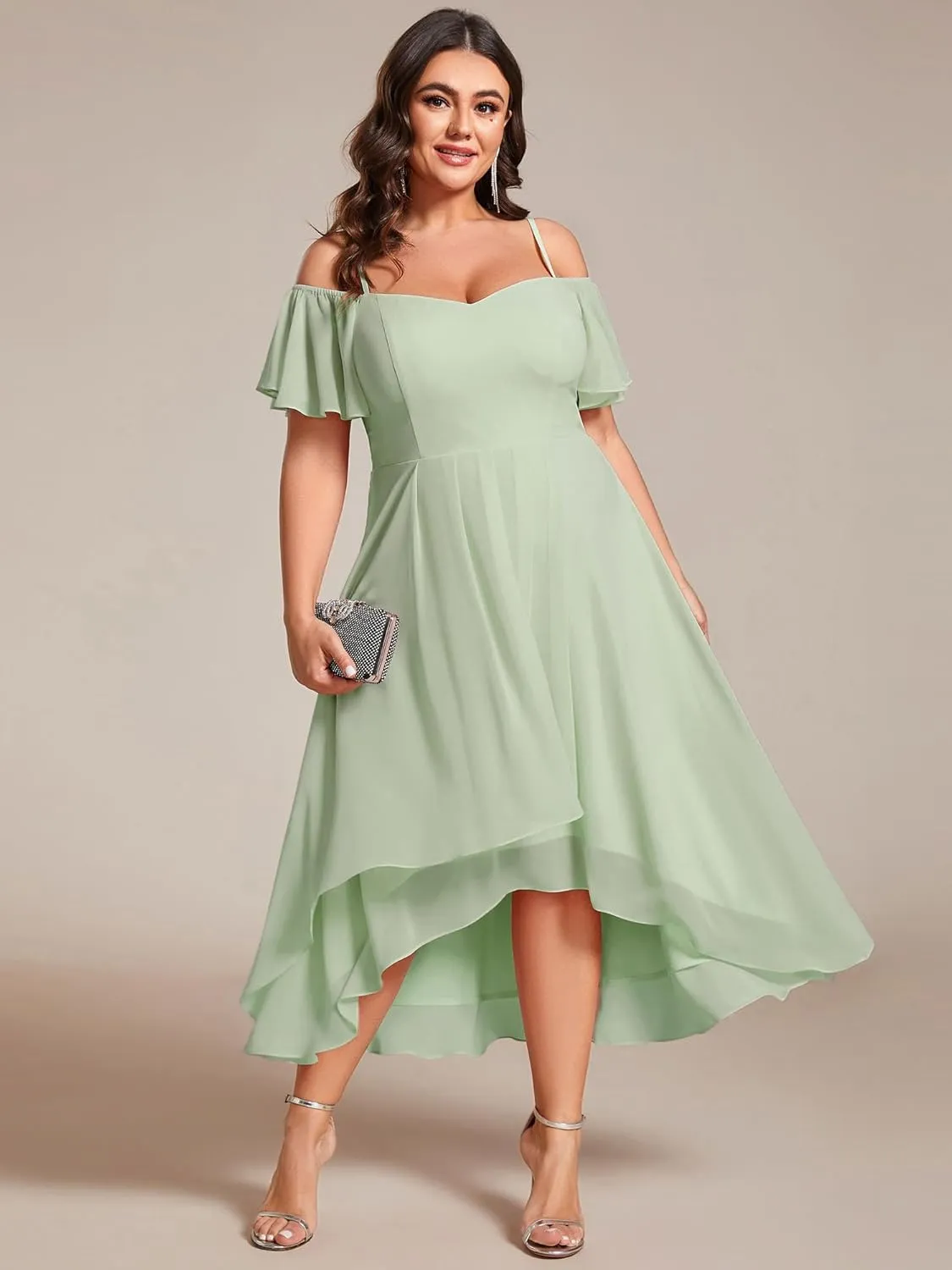 Ever-Pretty Women's Plus Size Ruffle Sleeves Off Shoulder Empire Waist A Line Chiffon Summer Wedding Guest Dress 02103-DA