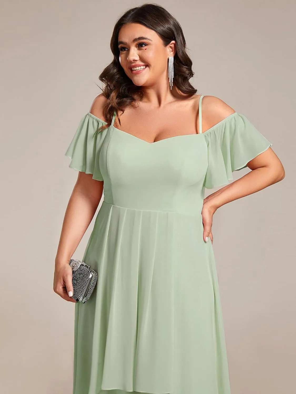 Ever-Pretty Women's Plus Size Ruffle Sleeves Off Shoulder Empire Waist A Line Chiffon Summer Wedding Guest Dress 02103-DA