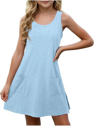 Eyelet Dresses for Girls 2025 Summer Sleeveless Side Split Tank Dress Crewneck Sundress with Pockets Size 4-14 Years