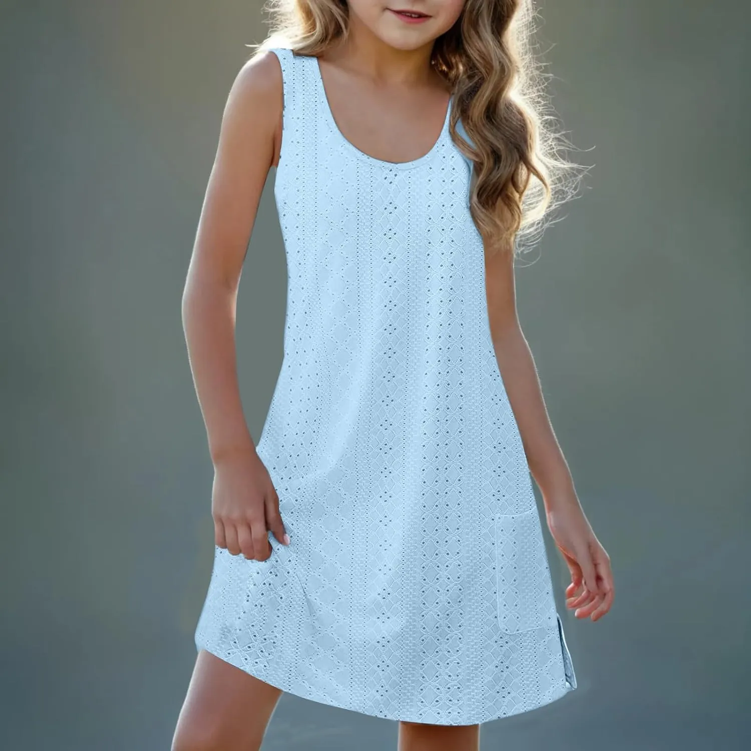 Eyelet Dresses for Girls 2025 Summer Sleeveless Side Split Tank Dress Crewneck Sundress with Pockets Size 4-14 Years