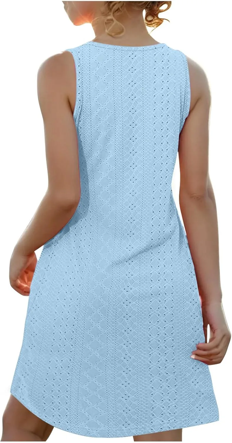 Eyelet Dresses for Girls 2025 Summer Sleeveless Side Split Tank Dress Crewneck Sundress with Pockets Size 4-14 Years
