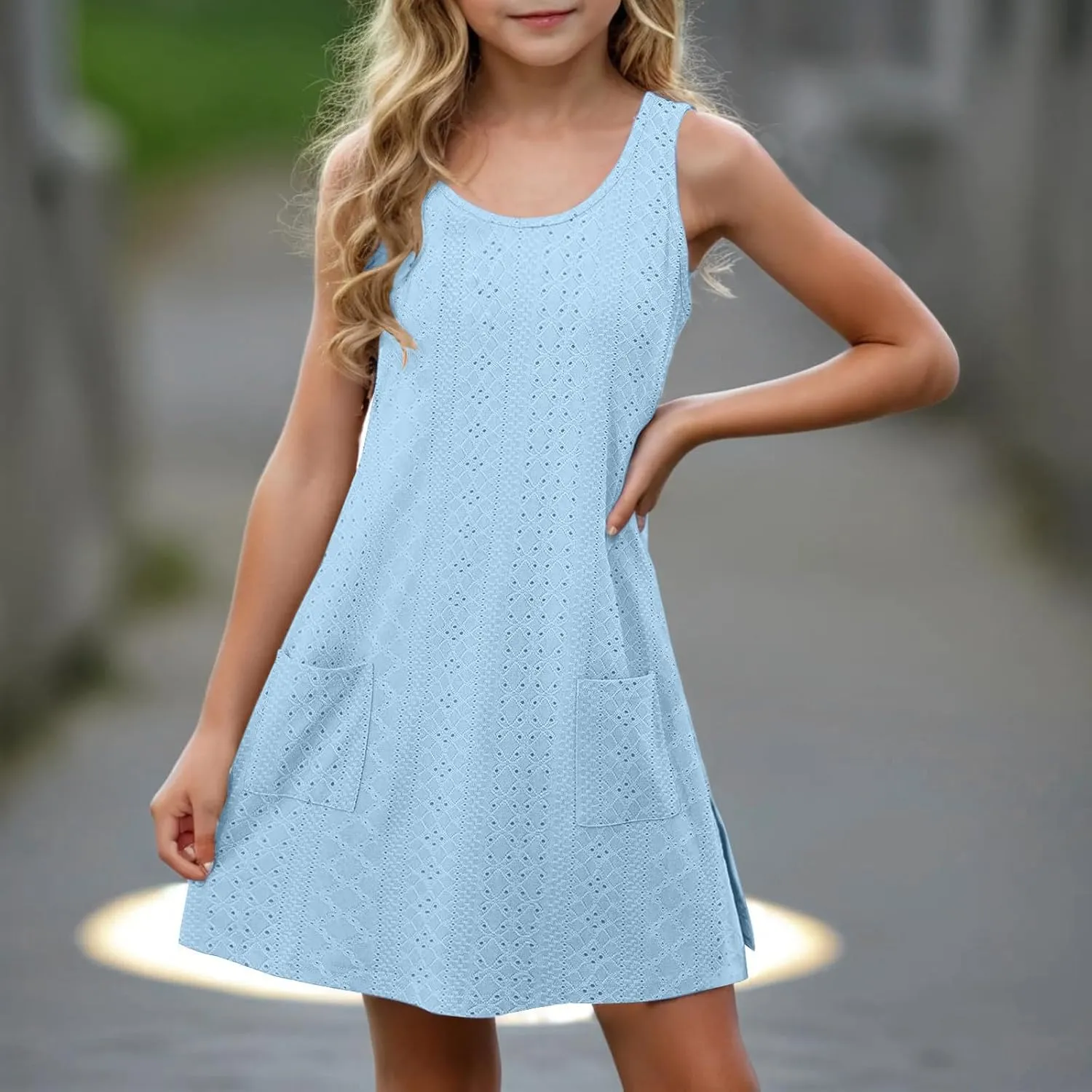 Eyelet Dresses for Girls 2025 Summer Sleeveless Side Split Tank Dress Crewneck Sundress with Pockets Size 4-14 Years
