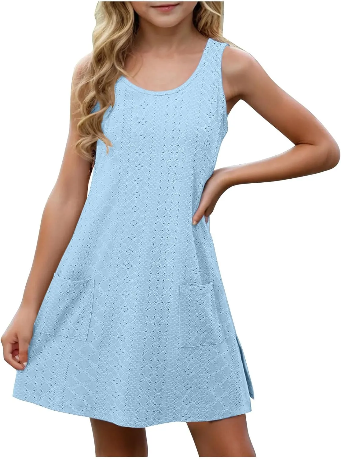 Eyelet Dresses for Girls 2025 Summer Sleeveless Side Split Tank Dress Crewneck Sundress with Pockets Size 4-14 Years