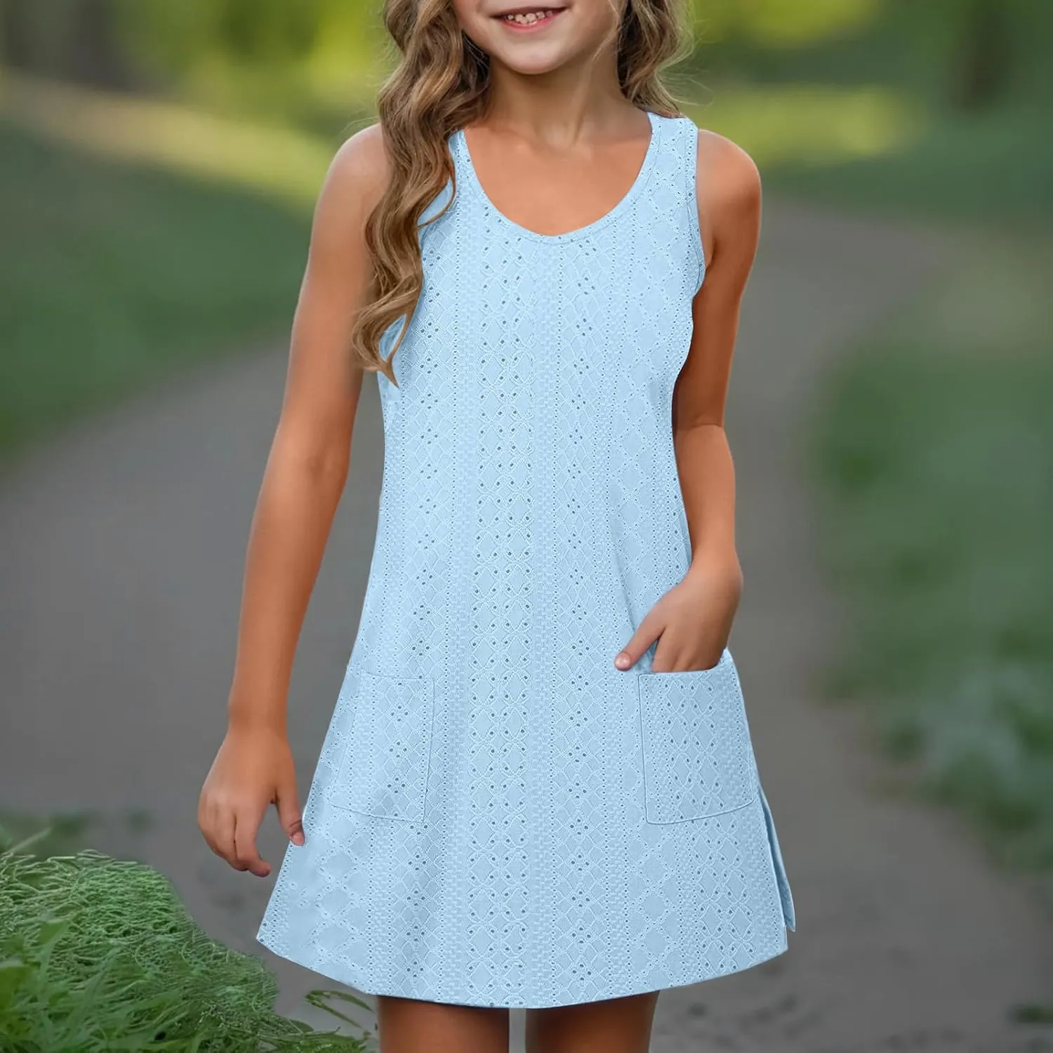 Eyelet Dresses for Girls 2025 Summer Sleeveless Side Split Tank Dress Crewneck Sundress with Pockets Size 4-14 Years